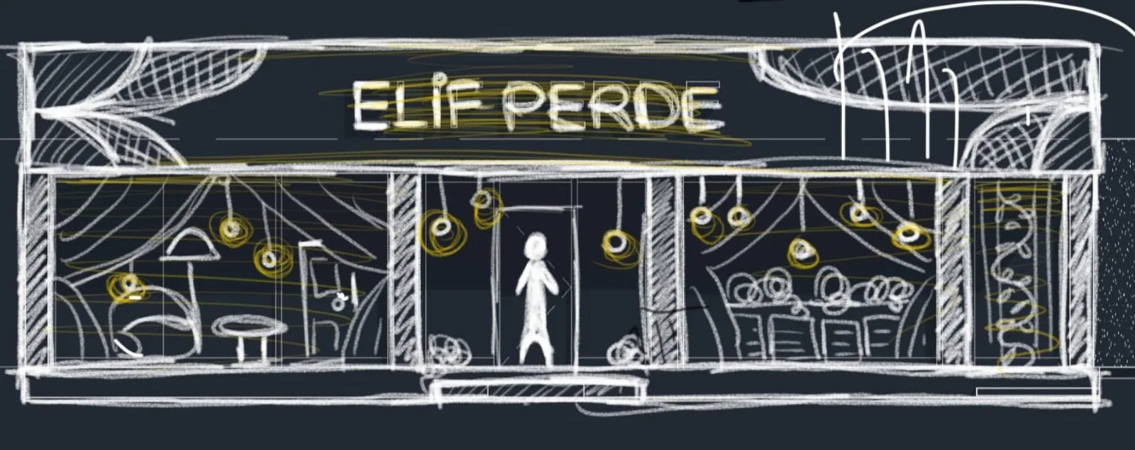 “Elif Perde” cephe ve vitrin eskizi. Tabela, sarkıt aydınlatmalar ve iki yandaki vitrin bölmelerinin karakalem çalışması