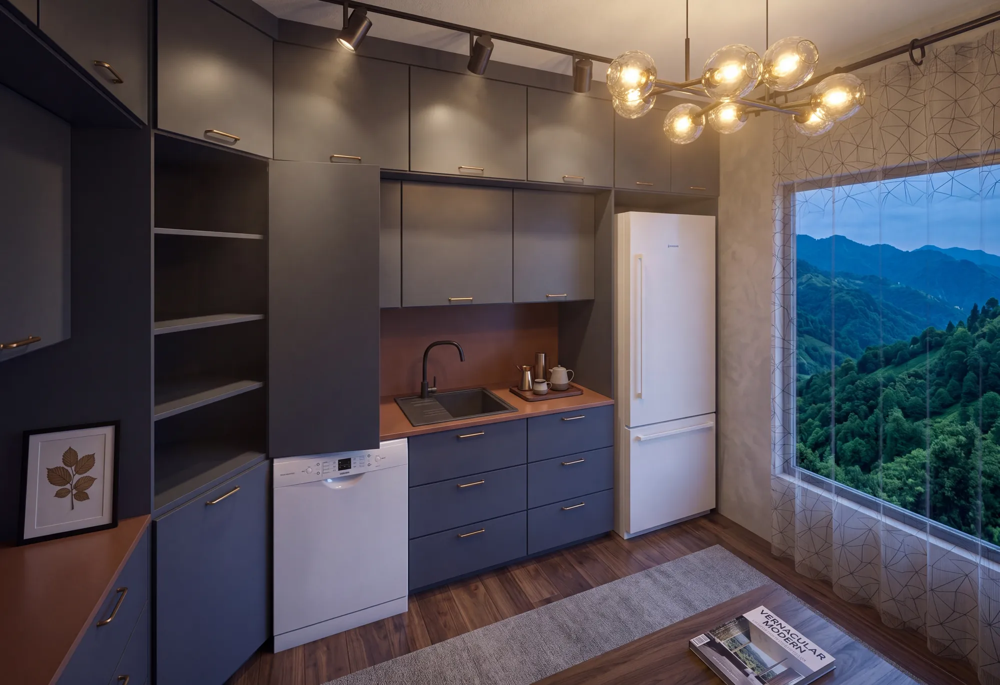 Erbaş Apartmanı mutfağı) lacivert/antrasit dolaplar, pirinç kulplar, ahşap görünümlü tezgah ve dağ manzarası