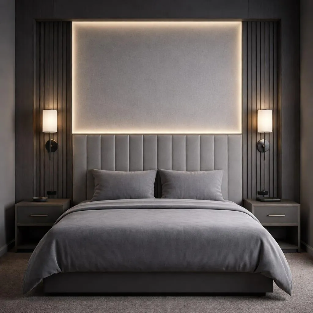 Kaya Zen Otel oda içi. Antrasit başlıklı yatak, gizli LED aydınlatma ve ahşap lamel duvar paneli