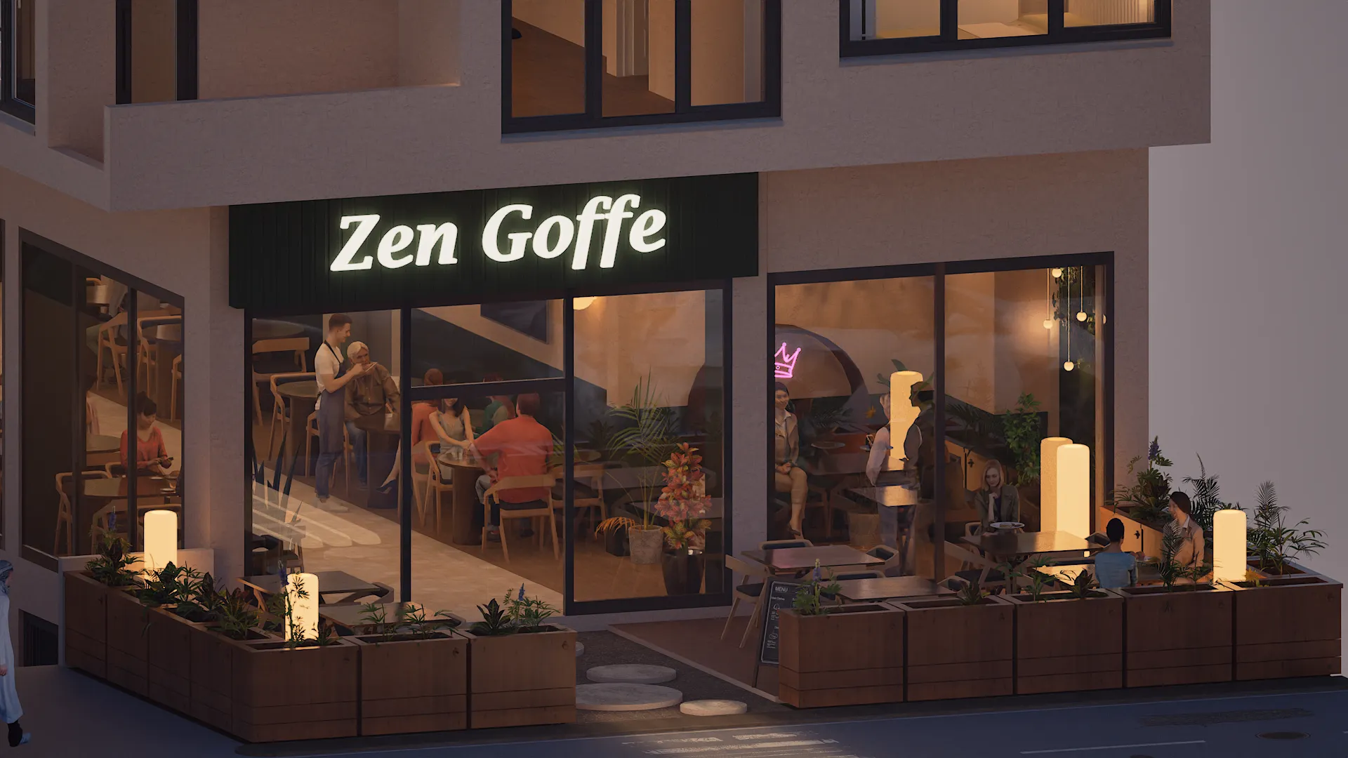 Zen Goffe kafenin köşe cephesi, aydınlatmalı tabela ve saksılı dış oturma terası, akşam saatlerinde