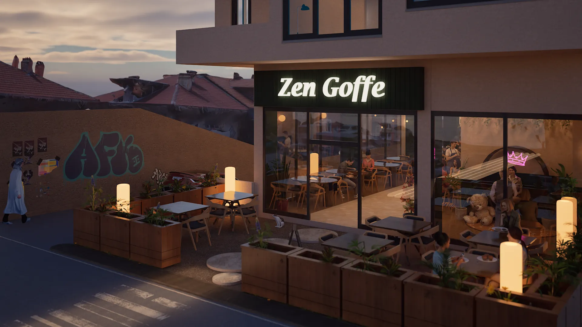 Zen Goffe kafenin sokak seviyesinden dış görünümü, Trabzon'un eski çatılarına bakan terasıyla, alacakaranlıkta