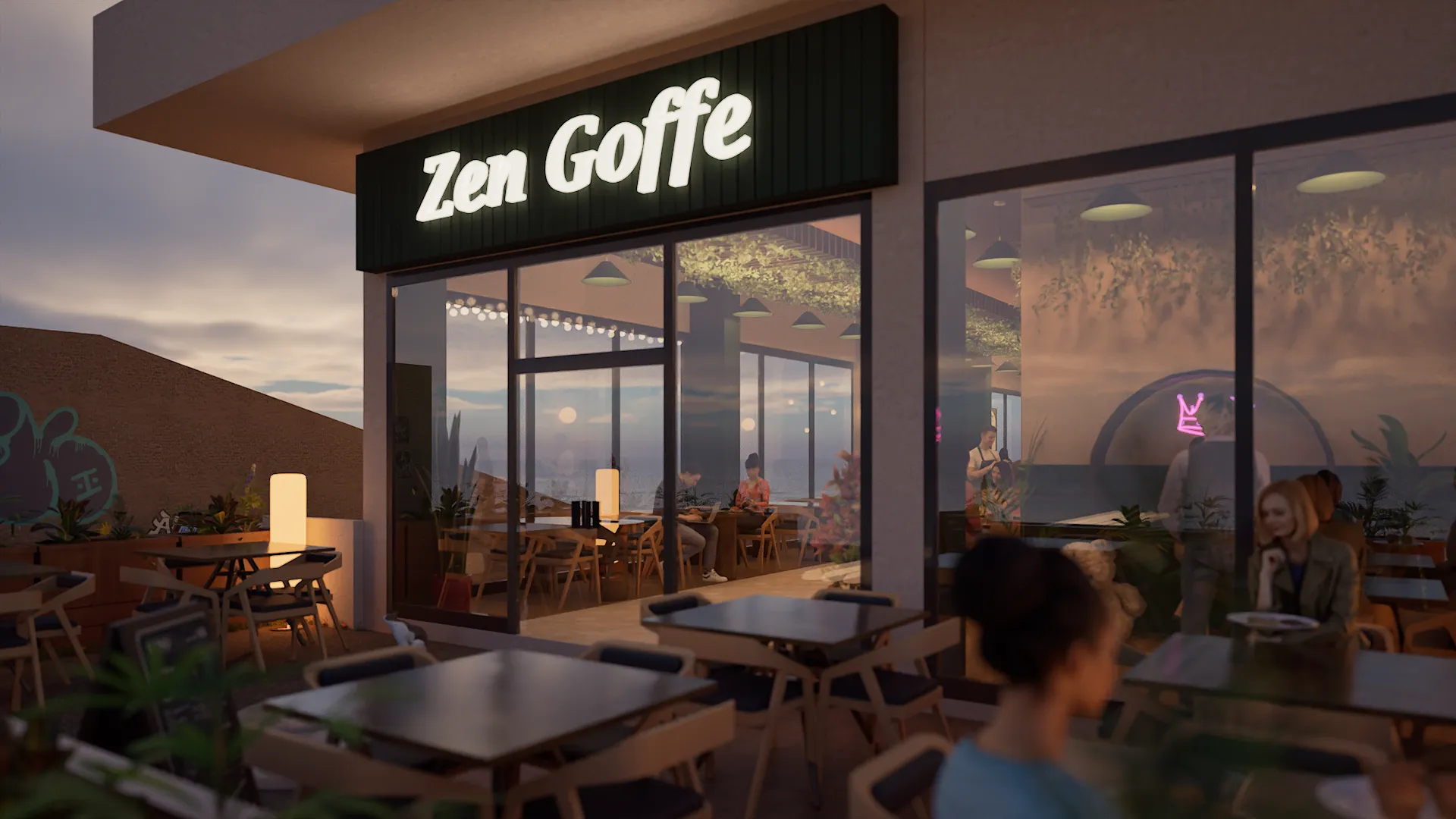 Zen Goffe kafenin terasından deniz manzarasının göründüğü cam cephe, akşam ışığında