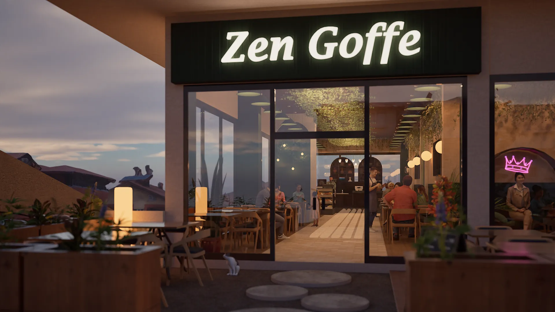 Zen Goffe kafenin giriş cephesi, iç mekândaki asma bitkiler ve müşterilerin görüldüğü cam kapılar