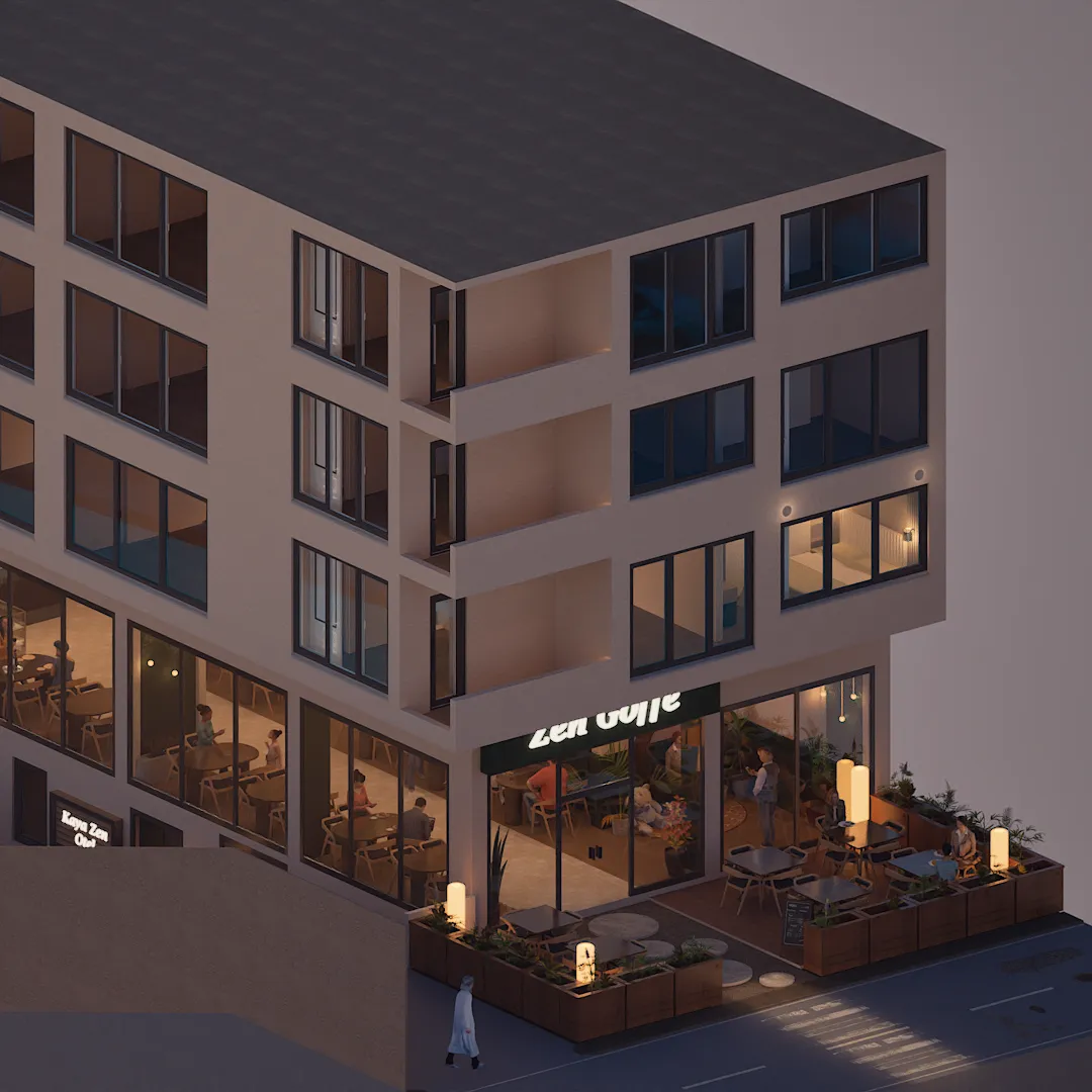 Kaya Zen Otel binasının akşam ışığındaki izometrik dış görünümü. Zemin katta Zen Goffe kafenin aydınlatmalı terası, üst katlarda otel odaları