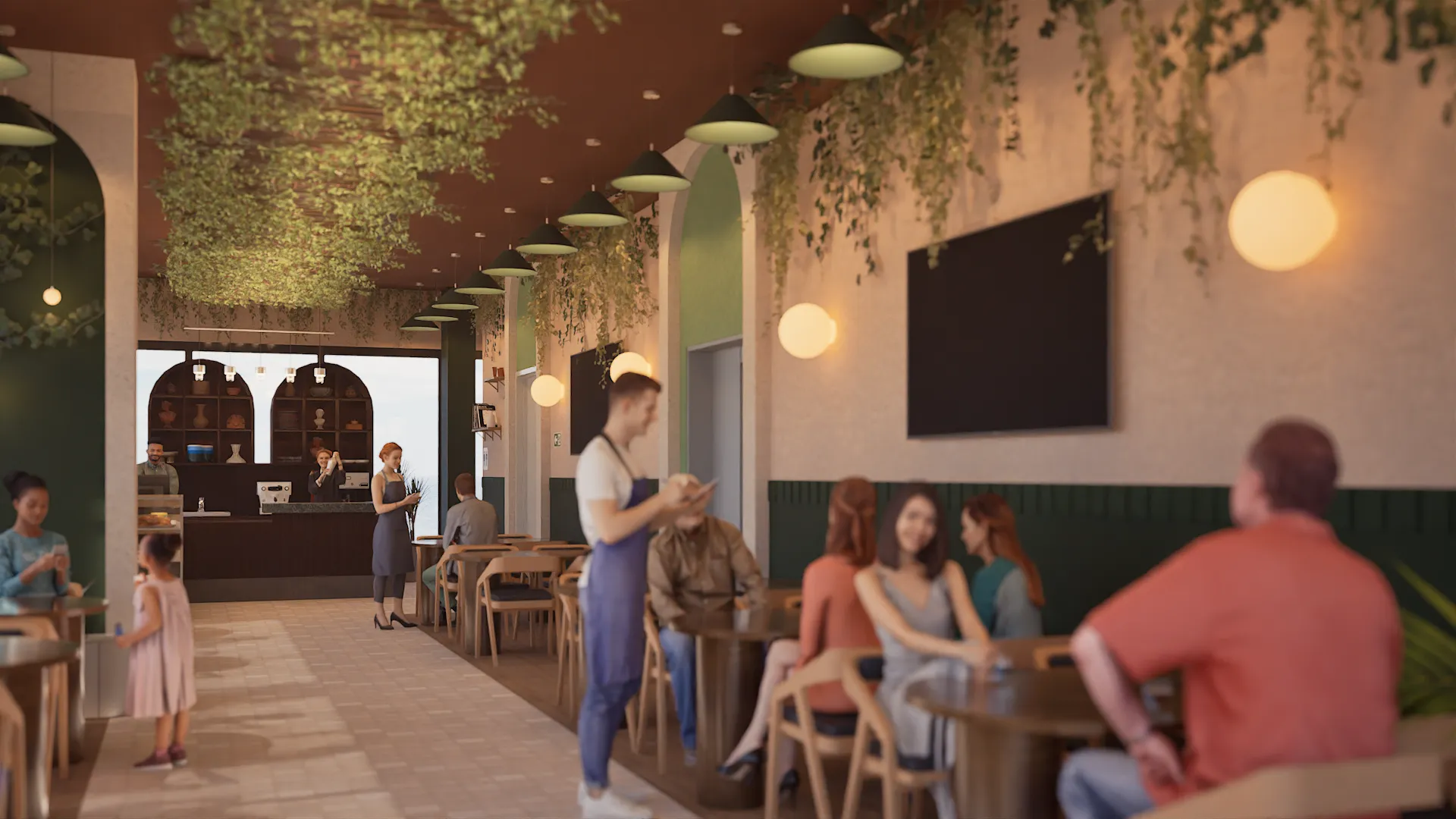 Zen Goffe kafenin iç mekânı. Kemerli nişler, tavandan sarkan yeşillikler ve sıcak aydınlatmalı oturma alanı