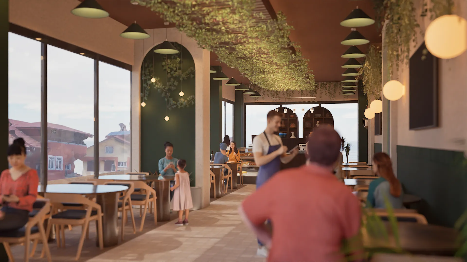 Zen Goffe kafenin iç mekânından deniz manzaralı pencere kenarı ve ahşap masalar