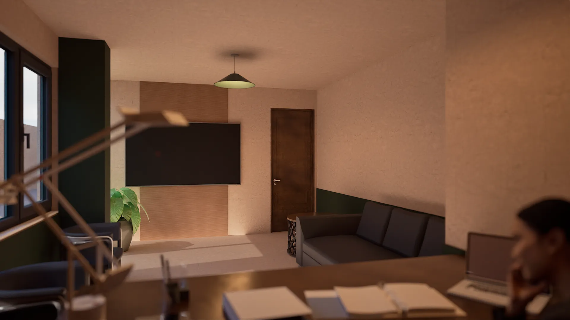 Kaya Zen Otel'in lobi/ofis alanı: koltuk, televizyon ve çalışma masası