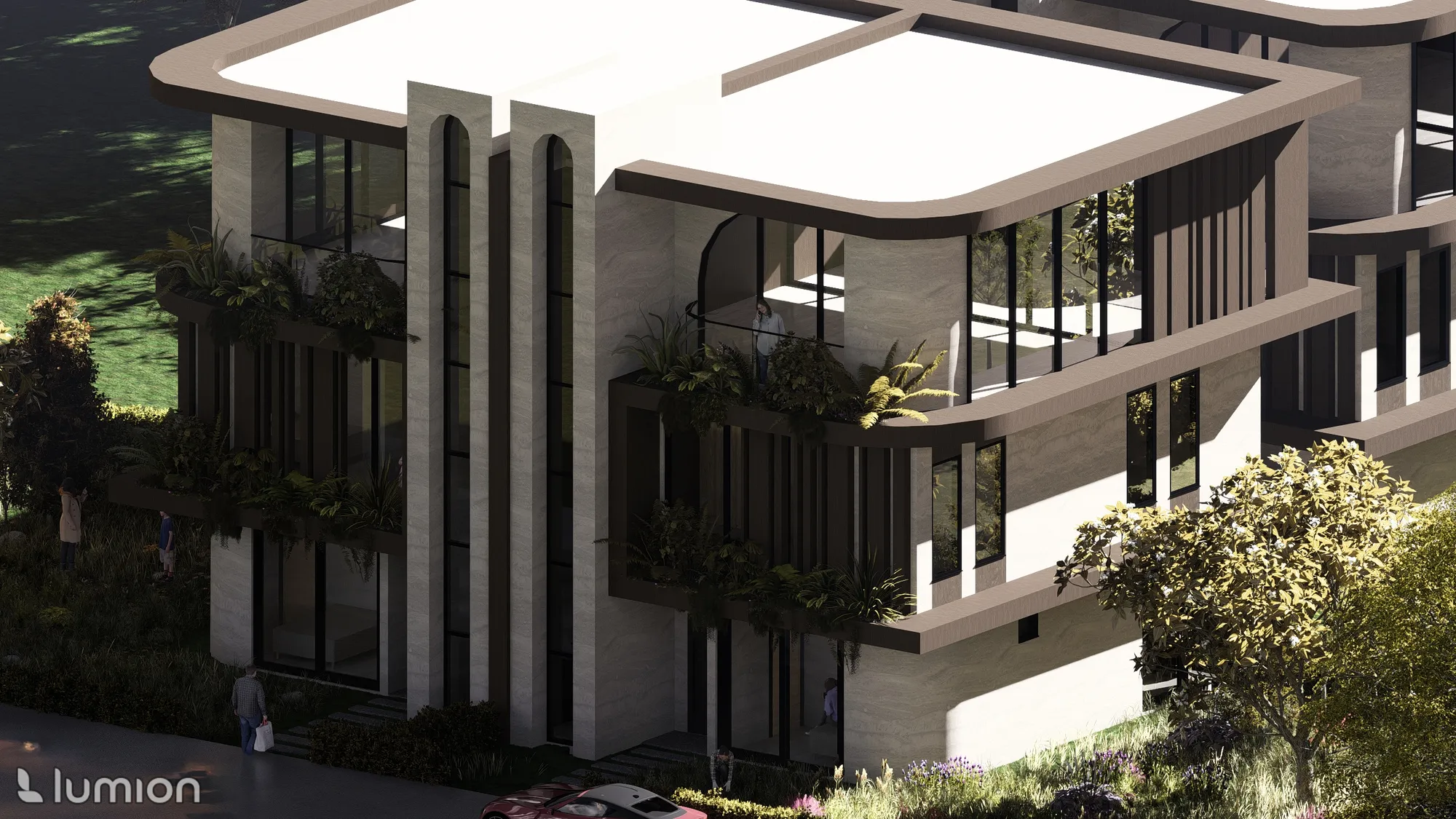 Niva İkiz Villa'nın cephesine yakın çekim. Dikey mermer sütunlar, kavisli çatı saçağı ve katlar arası cam doğramalar