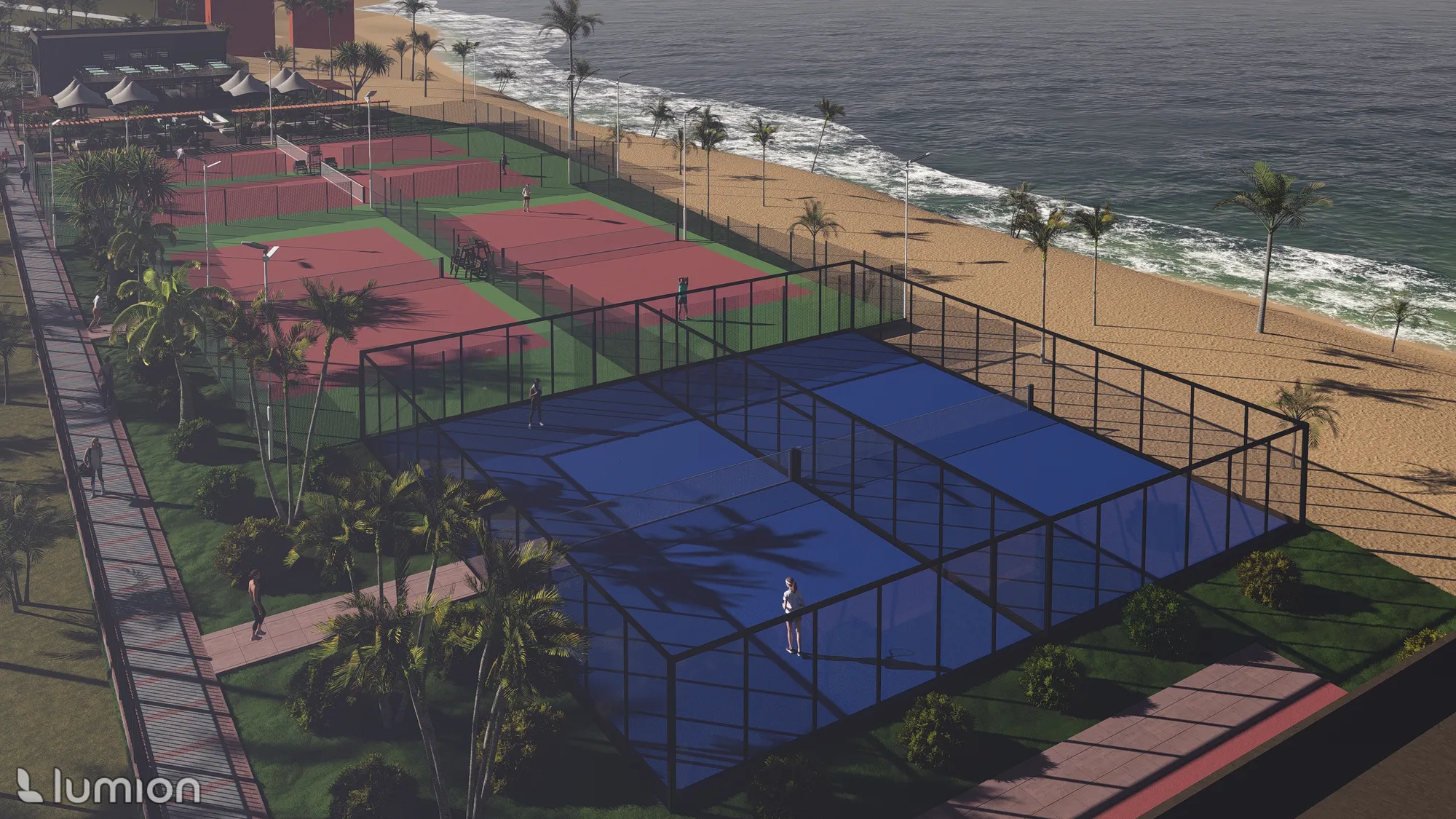 Yalıncak Tenis Kompleksi'nin kuş bakışı görünümü. Ön planda file kapalı padel kortu, arkada kırmızı/yeşil tenis kortları ve sahil şeridi