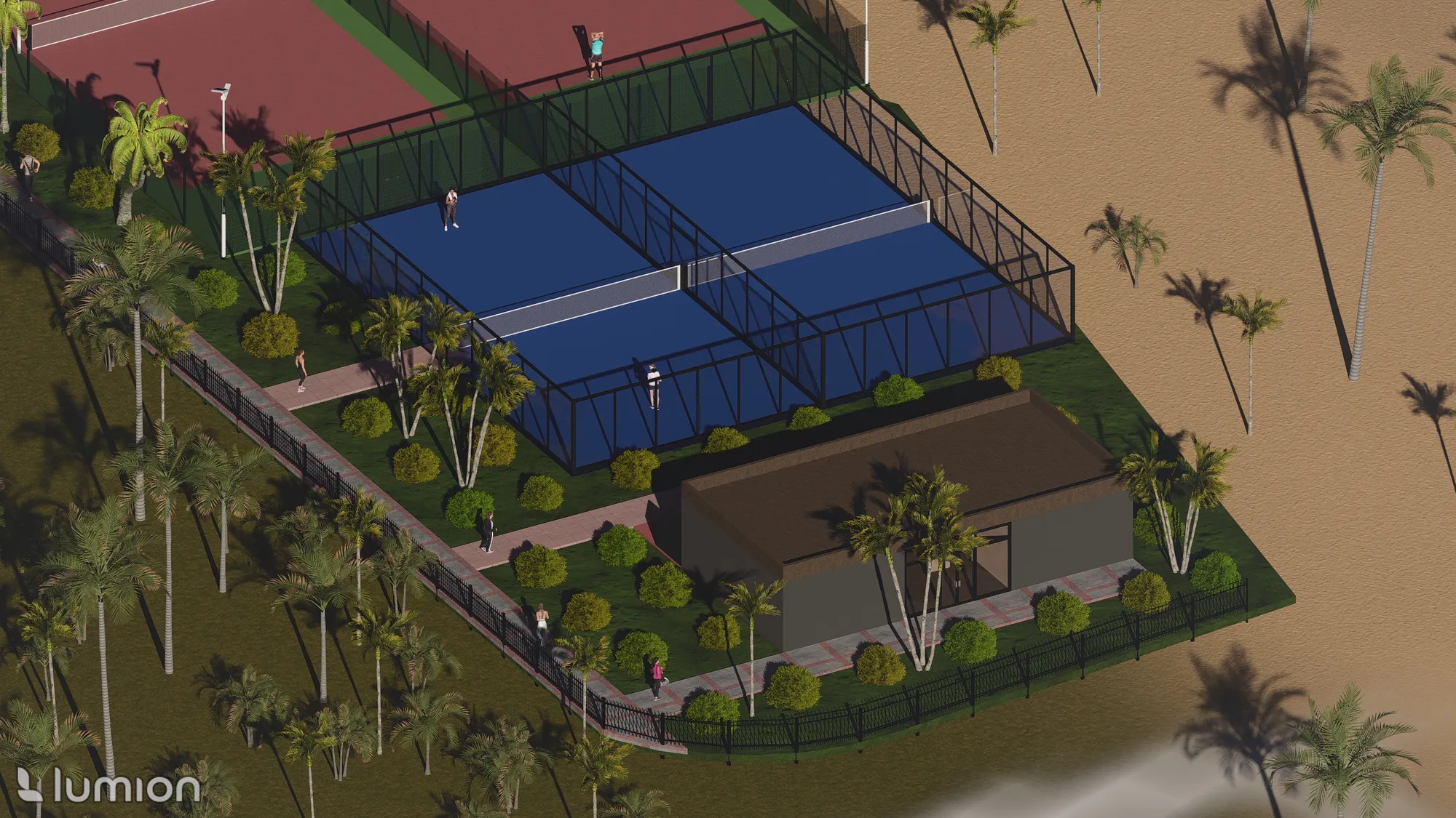 File kapalı padel kortunun köşesinden yakın çekim, kort içinde oyuncularla